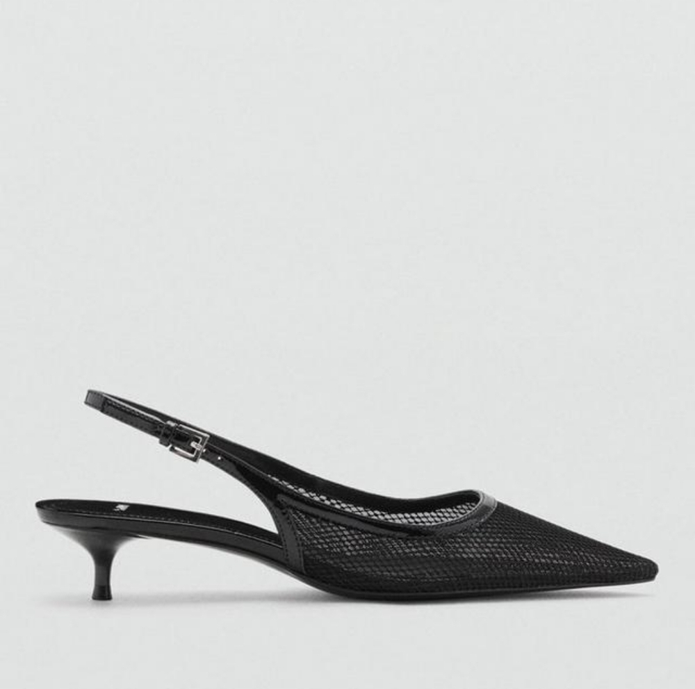 Mango Black Mesh Slingback Kitten Heels